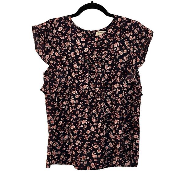 Monteau navy floral ruffle sleeve blouse size medium - Picture 1 of 9